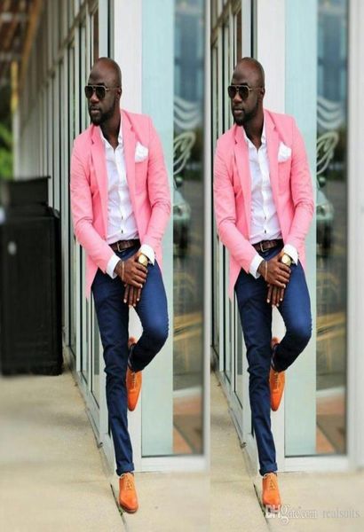 New Fashion One Buttons Pink masculino Ternos de casamento Marinha Blue Pants Man Blazer Groom noivo Tuxedo Slim Fit Mens Business Suact Jaqueta Pant4933276