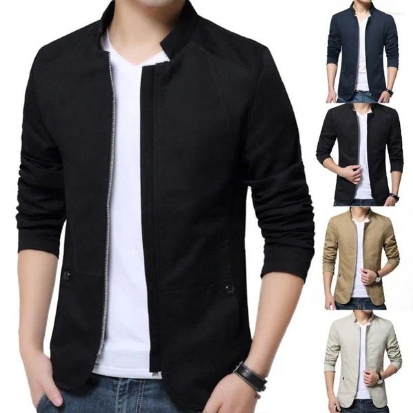 Ternos masculinos Stand colar Men Blazer Color Solid Color Zipper Pockets