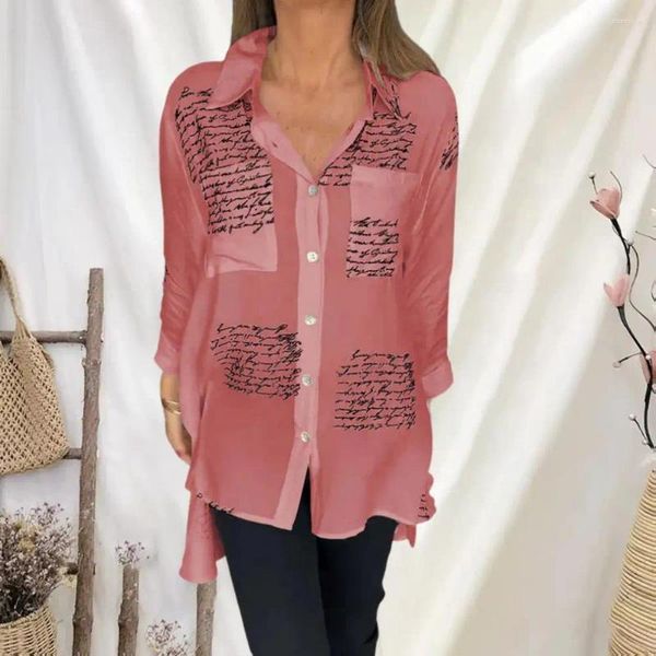 Camicette da donna Abito da camicia a maniche lunghe a maglietta casual con stampato casual con lettere dettagliate con abbottini Stampa sciolta per streetwear