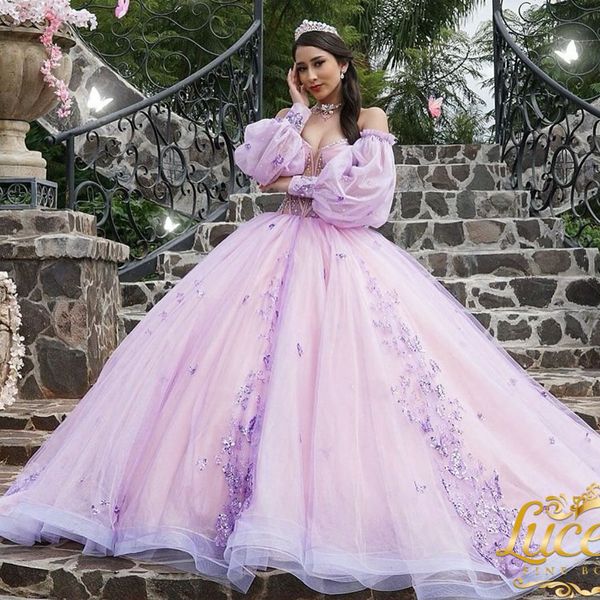 Lilac Off Ombro Glitled Quinceanera Dress Mangas compridas 2024 lantejoulas volumosas Baile Aplique Lace Tulle Vestidos PROM VESTIDOS 15 DE VODO
