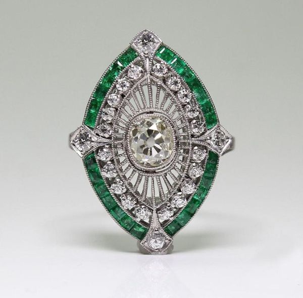 Antique Art Deco 925 Sterling Silver Emerald White Sapphire Floral Engagement Party Ring Dimensione Anniversario Giornata US 5 124933643