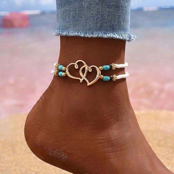 Strand Bohemia Heart Rice Perline Cadlet for Women Shell Starfish Bracciale a piedi nudi sulla gamba Sandalo Gioielli Gioielli