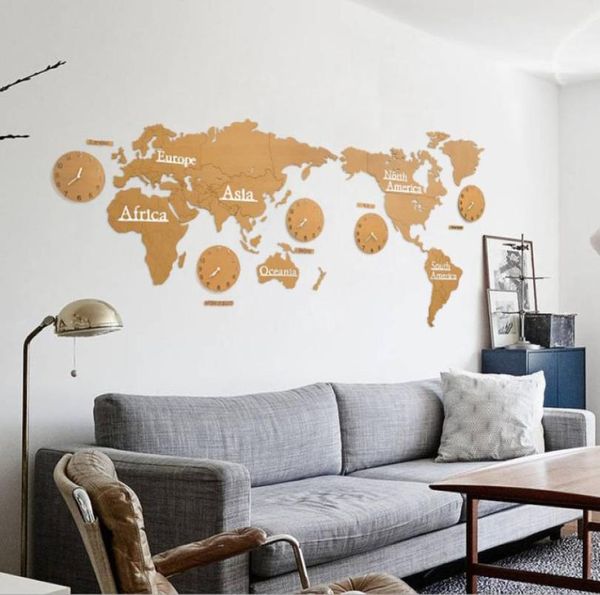 Creative Wooden World Map Map Wall Clock 3D Mappa Design decorativo Decorazioni per la casa Soggio
