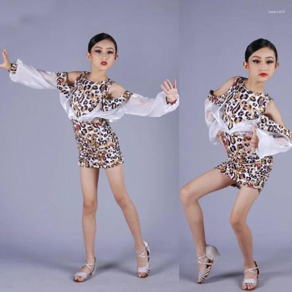 Kids Wear Kids Latin Chacha Samba Dance Costumi Girls Mesh maniche Abito Leopard Competizione Dance abbigliamento XS5876