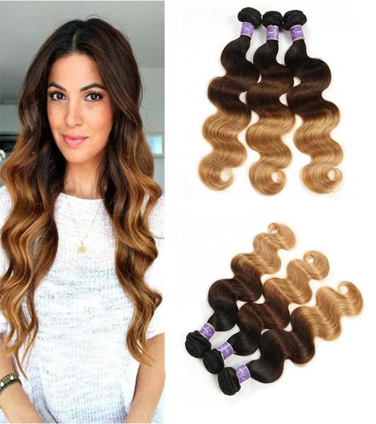 Brasileiro Virgem Virgem Human Weaves Wave Wave Bundles ombre Três tons Brasileiro 1B427 Extensões de cabelo humano marrom escuro 5495862