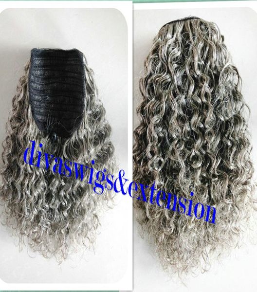 100 Real Human Grey Puff Afro Afro Ponytail Hair Extension Clipe em Remy Coily Kinky Curly Curly String Chails Grey Hair Piece 120G7835519