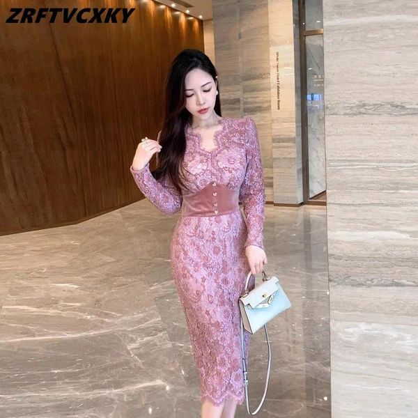 Abiti casual Donne di alta qualità Donne Midi Slim Midi 2024 Autunno Elegante Elegante a maniche lunghe a maniche lunghe Lady Party Party Vestidos