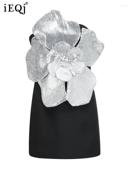 Vestidos casuais vestido de lantejoulas de lantejoulas 3D de flor sem alças para mulheres 2024 Moda de primavera com zíper feminino mangas 11xx8555