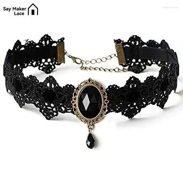 Anhänger Halskette Gothic Victorian Black Spitzen Halskette Frauen Mädchen Boho Kristall Quasten sexy Choker Steampunk Dark Loli Style Halloween