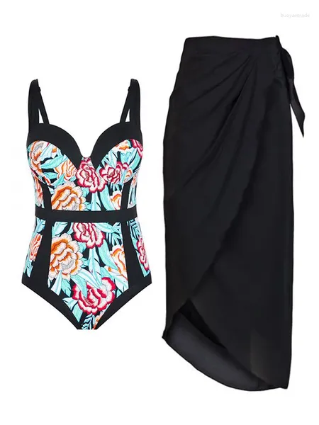 Roupa de banho feminina Black Swimsuithtnic Floral Print Freta de biquíni em Via de biquíni e capa de capa de laço Novel Summer 2024