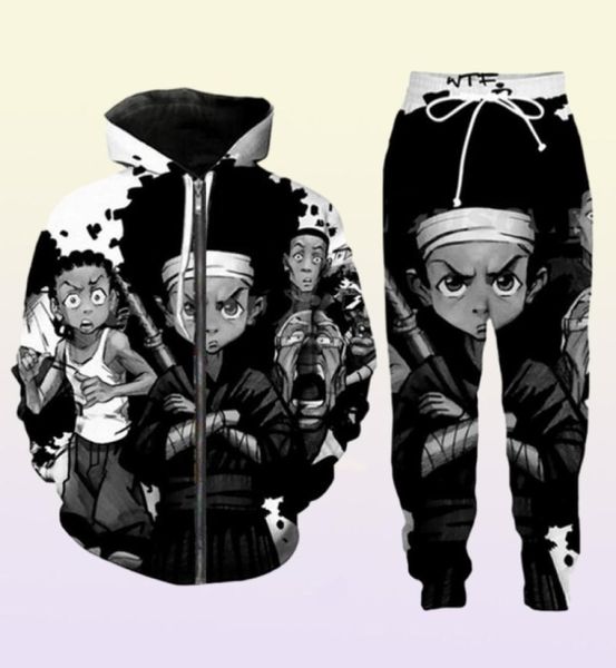 Yeni Menwomens Boondocks Funny 3D Baskı Moda Trailsits Pants Fermuar Hoodie Sıradan Spor Giyim L0155863774