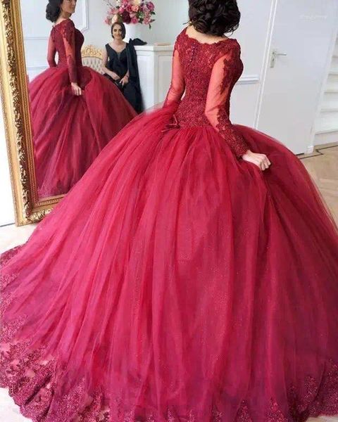 Вечеринка платья Angelsbridep Red Quinceanera кружевные аппликации с длинными рукавами