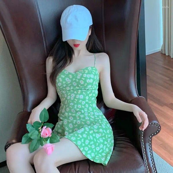 Повседневные платья Shpmishal Green Little Zou Chrysanthemum фрагментированное цветочное платье с тазобедренным платьем Женское лето сексуальное ремешок A-Line Skir