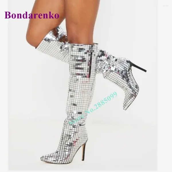 Botas Bling Knee Knee High Po -Poe Slip On Fin Heel Solid Sexy Women Sexy Prom Primavera Autum Party Shoes