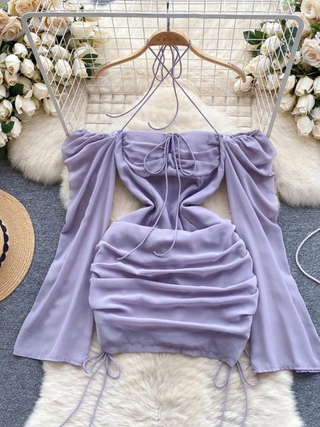 Vestidos casuais espumlina Sexy Lace-up Halter Off Mesh Mesh Mulheres Mulheres elegantes Summer Longo Sleeve Slim Ruched Mini Beach Party Party