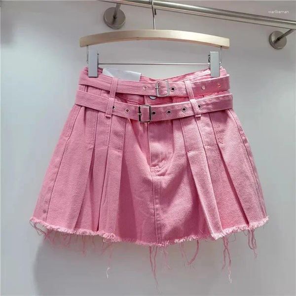 Röcke Mode Frauen Doppelgürtel Falten Mini 2024 Frühlings Sommer Korean High Taille Wäsche Pulver Kurzrock weiblich B208