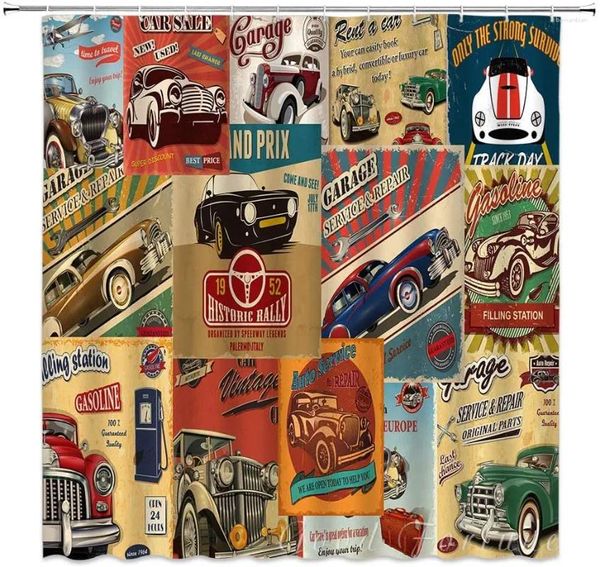 Duschvorhänge Vintage -Poster des 1950er Jahre Autokonparaturservice mit rot wasserdichtem Stoffvorhang für Badezimmerdekoration
