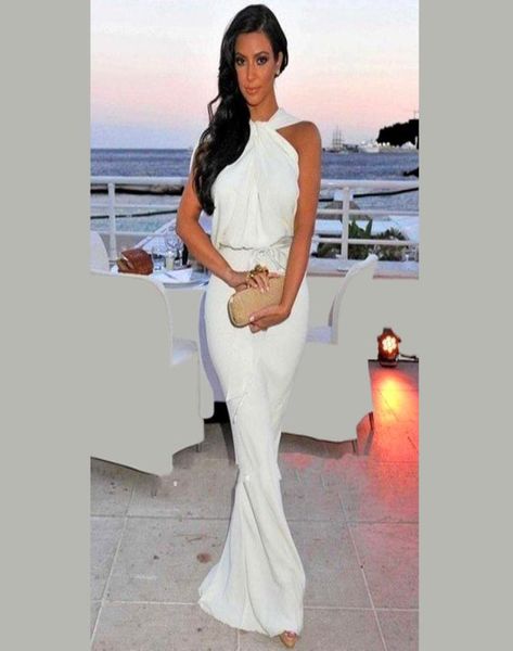 Abito da tappeto rosso Kim Kardashian 2016 Falza della guaina Lunghezza bianca Chiffon Lunga famosa IMitazione Celebrity Evening Dre2470147