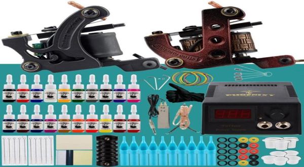 Profesyonel Dövme Kiti 2 Makine Silahları Set 20 PCS Kalıcı Mürekkepler Seti LCD Güç Kaynağı Grips Vücut Sanat Makyajı Tam Dövme1923695
