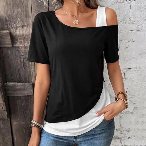 Blouses femininas Blusa feminina e feminina Blusa elegante fora do ombro Tops de verão para colarinho de colarinho curto Tee com cor de retalhos de retalhos