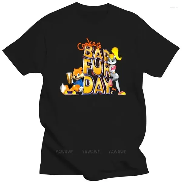 Erkek Polos Siyah Kısa Kollu Erkekler Top T Shirt Conkers Kötü Kürk Günü N64 Kutu Art Komik Tişört Yenilik Tshirt Kadın Unisex Tee-Shirt