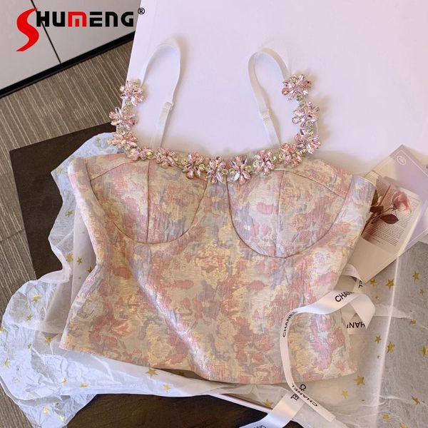 Frauen Tanks Sommer Süße rosa diamantgepackte Schlinge Top Outer Wear Hope Grade Beauty Weste mit Brustpolster Rücken Jacquard Tube Tops