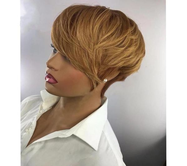 Honey Blonde Color Wavy Bob Pixie Cut Wig Machine Full Made Non Lace Remy Remy Brasileiro Human Wigs para Mulher Negra1981878