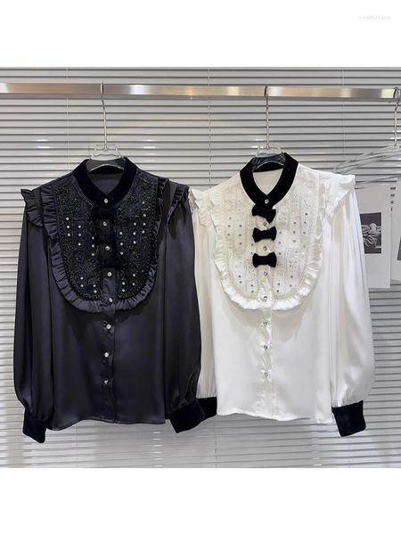 Kadınlar Blouses High Street Fashion 2024 Tasarımcı Bluz Gömlek Kelebek Pullu Çivili Saten Üstü