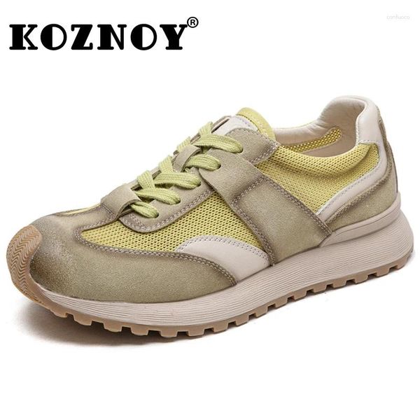Lässige Schuhe Koznoy 3cm Air Mesh echtes Leder klobig Sneaker Flats Stiefel Herbst Frauen Comfy Sommer gemischt Farbe Knöchelstiefel Frühling Frühling