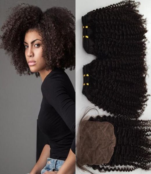 Afro Kinky Curly 44 Silk Feching com 2pcs Cabelo brasileiro Cor natural Cabelo humano Pacéis de cabelo virgens baratos com fechamento 3pcslO5263617