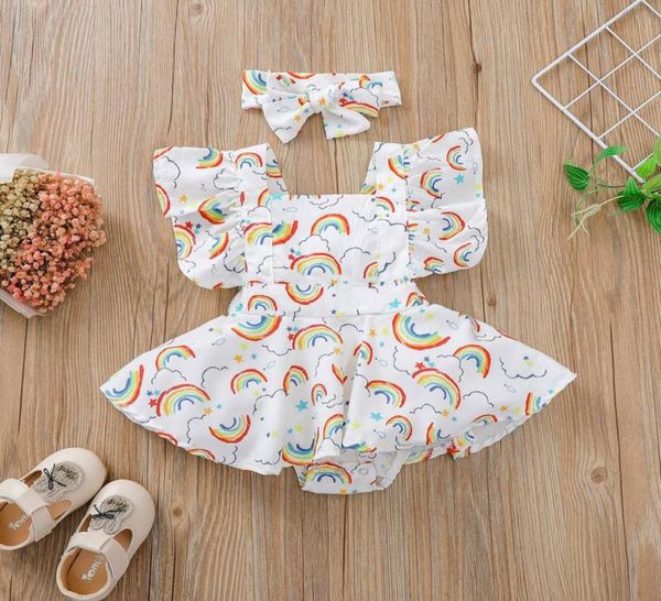Retailwhole Baby Girl Rainbow Imprimido Rodper com bandeira do arco 2pcs Conjunto Kids Lotus Sleeve Onepiece Onesies Mumpsuit Chi8589527