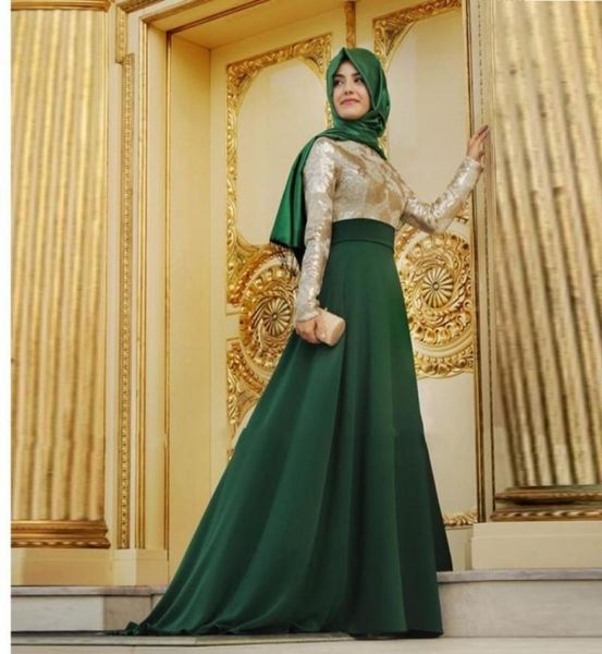 Neue arabischgrüne muslimische Dubai Kaftan Abendkleider Hijab Lace Prom -Kleider mit vollen Ärmeln bodenlange 3169297