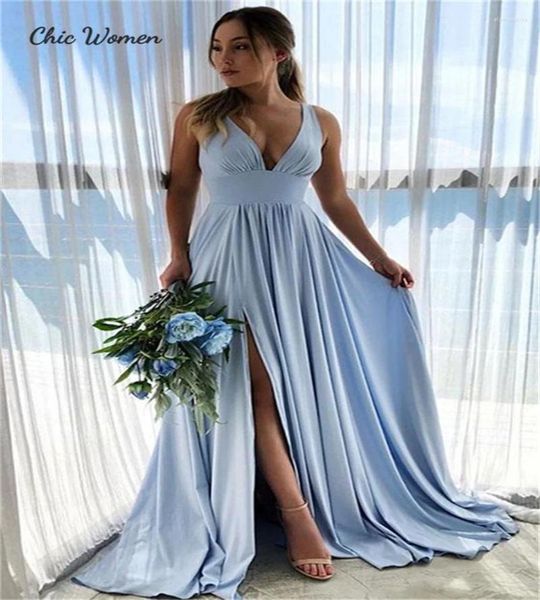 Partykleider schneller Lieferung Blaues Abschlussballkleid 2024 sexy v Hals Split Abend Boho Beach Stech Tanzkleider Einfacher formeller Anlass