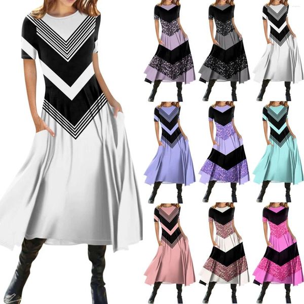 Lässige Kleider Frauen Mode elegant gedruckt runden Hals Pullover Kleid Schlankes sitzendes kurzärärmisches Vestidos Cortos