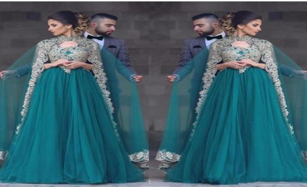 2019 billige sexy blaugrüne tulle prom Kleider mit Cape v Hals Spitzen Applikationen Perlen Muslim Perlen Long Party Kleid Plus Größe auch2943888