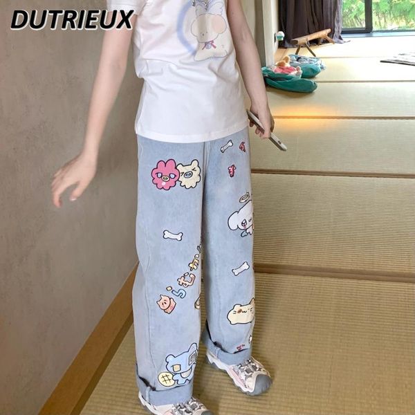 Frauen Jeans japanischer Stil Frühling Cartoon Tierpaste Stoff Stickerei süß süßes lockeres Schlacken und direkt für Frauen