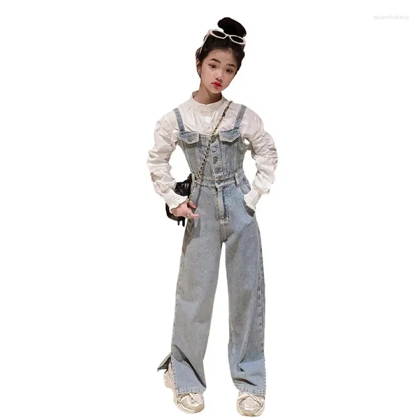 Kleidungssets Herbst Teenager Mädchen Mädchen Denim Jumpsuit Set Baumwoll weiße Hemd hohe Taille Lose Split Wide Bein Hosen 2pcs Kinderanzug Kinder