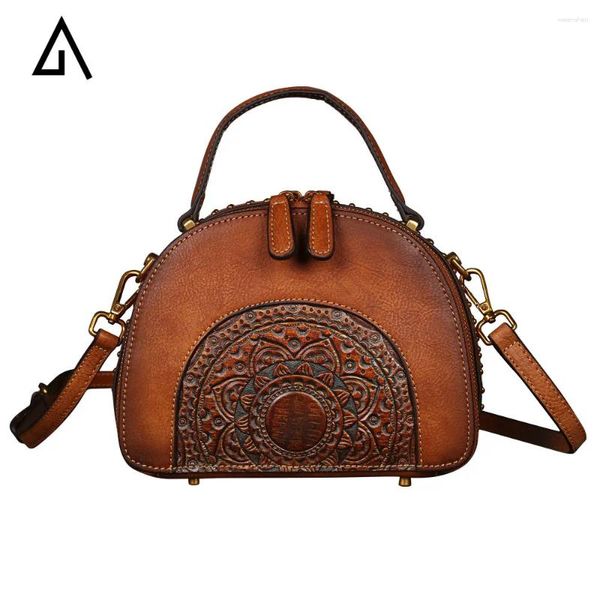 Bolsas de ombro Genuíno Mensageiro de Couro Retro Totem Handmado Bolsas de Impressão em Releveito Bola de Vaca Mulheres elegantes