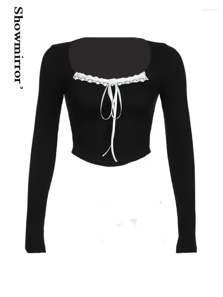 Женские футболки T милый черный кружевный топ футболка для женщин Сексуальная повязка футболка с длинным рукавом квадратный воротник