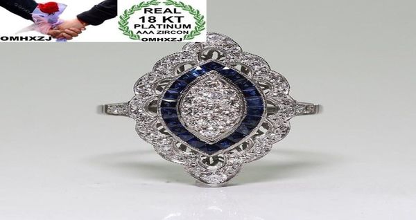 OMHXZJ Целая европейская солистость кольца модная женщина для вечеринки свадебные подарки роскошный белый синий топаз циркон 18 -километровый кольцо белого золота1383008