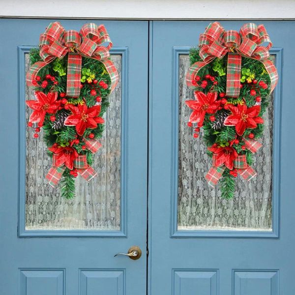 Flores decorativas Big Co -laço de natal coroa de chassina pendurada Garland vermelha Ornamento de pinheiro Rattan Navidad Wincown, decoração do ano de natal