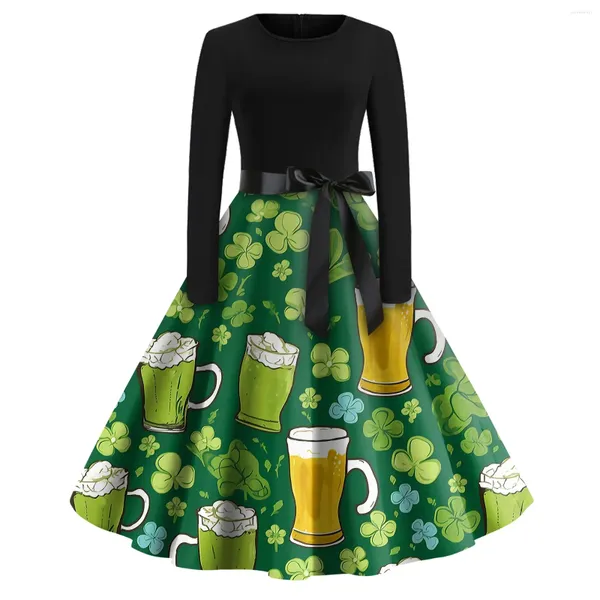 Abiti casual 2024 Fashion da donna Round Neck Slim Slim St Patrick's Day's Stamped Maniche lunghe Donne a-line Skirtfaldas