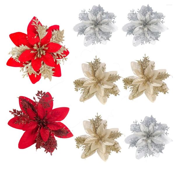 Fiori decorativi 10/5 pezzi di fiori natalizi glitter oro rosso Poinsettia testa di venatura di Natale decorazioni per ornamenti per alberi per casa per l'anno domestico