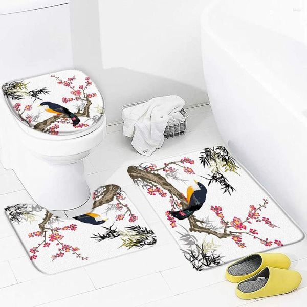 Badmatten Kunst Blume Vogel Matte Chinesische antike Tinte Landschaft florale Sonnenblumen Schmetterling Badezimmer Dekor Anti Alip Fuß Toilettenabdeckung