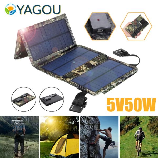 Şarj Cihazları Yagou 50W Katlanabilir Güneş Panel Kiti 5V USB SunPower Güneş Hücreleri Su Geçirmez Güneş Şarj Cihazı Power Bank Açık Mekan Kamp Yürüyüşü