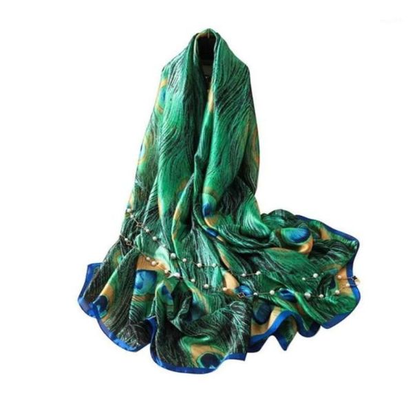 Lenços de 180 cm de pavão verde penas de seda lenço de seda Espanha Caps Caps Bandanas Hijab Brand Arrval Luxury Beach Animal Lovely Fou O48244488