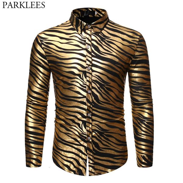 Mens 70s Metallic Gold Zebra Stampa Disco Disco Brand Slimt Fit Maniche lunghe Abito da uomo Camicie da ballo Stage Prom Stage Chemise 240403