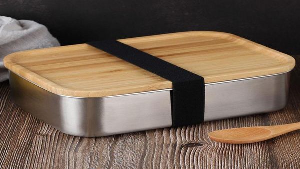 Box da pranzo a base di alimenti da 800 ml con coperchio di bambù in acciaio inossidabile bento scatola top in legno 1 contenitore da cucina alimentare a strato facile per prendere K5976252