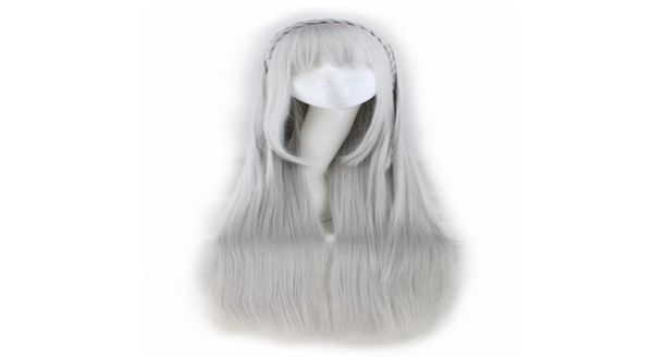 Woodfestival Long Straight Wig com Bangs Life em um mundo diferente de Zero Emilia Cosplay Anime Wig Gray tem cabelos de fibra de trança 5741614