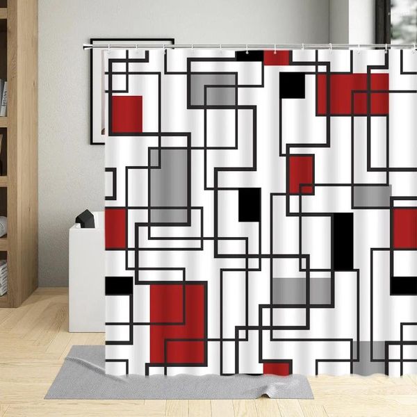 Duschvorhänge kreative geometrische graue rot quadratische schwarze Linie moderne Mode Bad Vorhang Stoffdruck Badezimmerdekor mit Haken